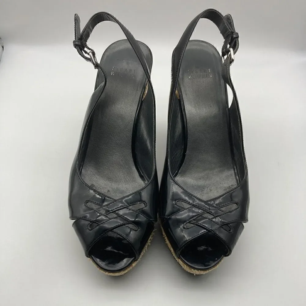 Stuart Weitzman Black Patent  Leather Wedge Platform Sandals Size 9,5